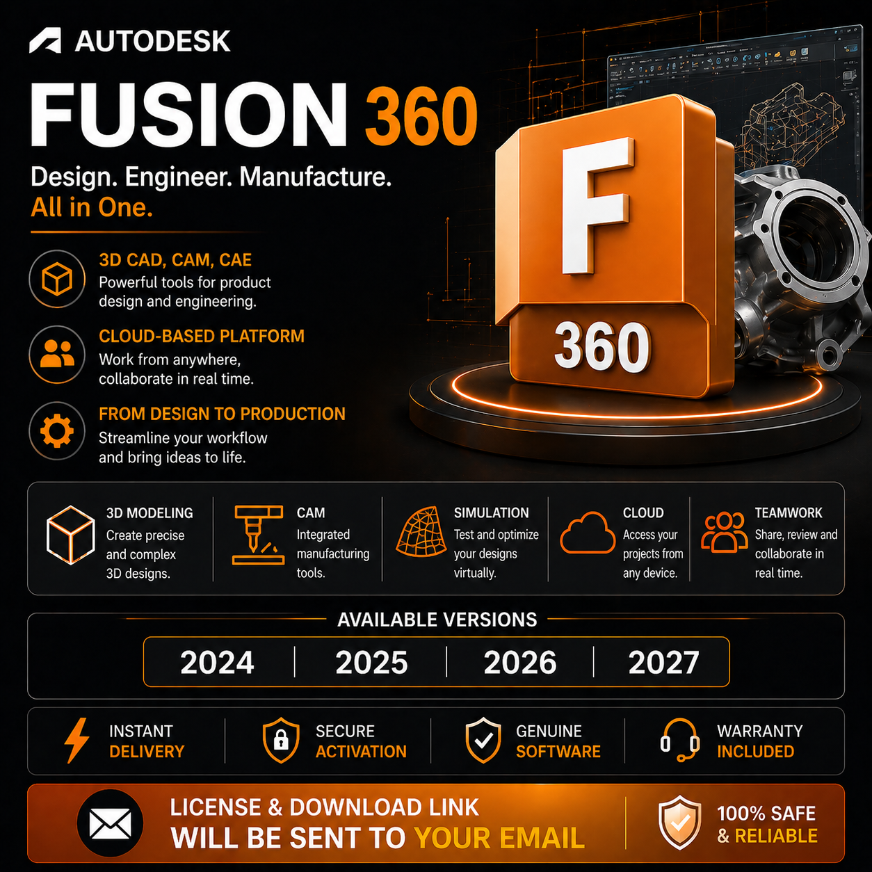 Autodesk Fusion 360 (Multiple Versions) – 3 Year Access